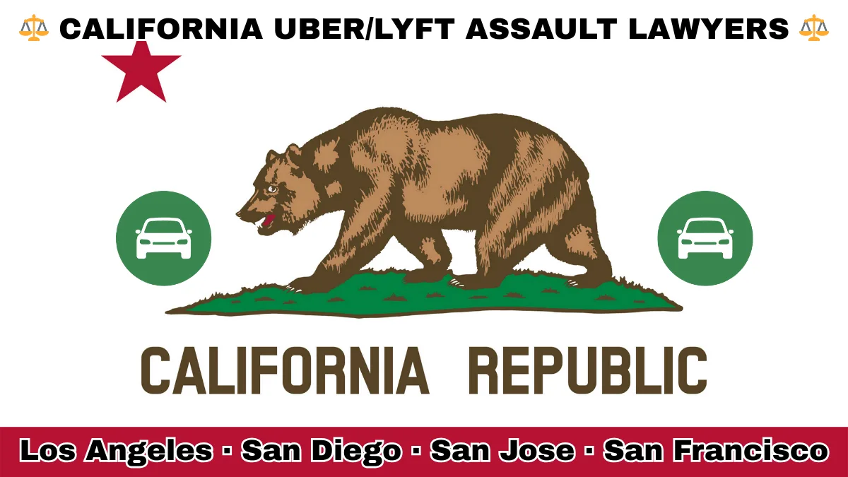 CALIFORNIA UBER/LYFT LAWYERS: Los Angeles, San Diego, San Jose, and San Francisco text on CA state flag with vehicle-for-hire depicted near a grizzly bear and red star.