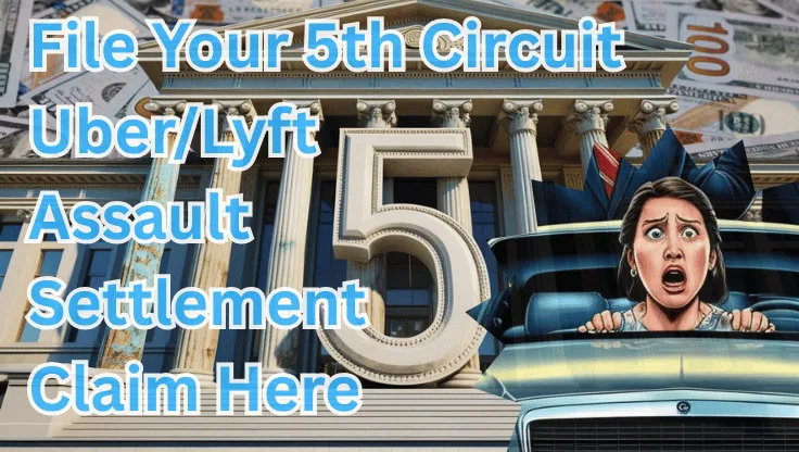 File Your 5th Circuit Uber/Lyft Assault Settlement Claim Here text on depiction of Fifth Circuit court with scared woman in a car and high value cash backdrop.