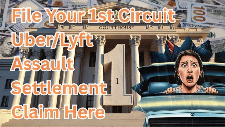 File Your 1st Circuit Uber/Lyft Assault Settlement Claim Here text on depiction of First Circuit court with scared woman in a car and high value cash backdrop.