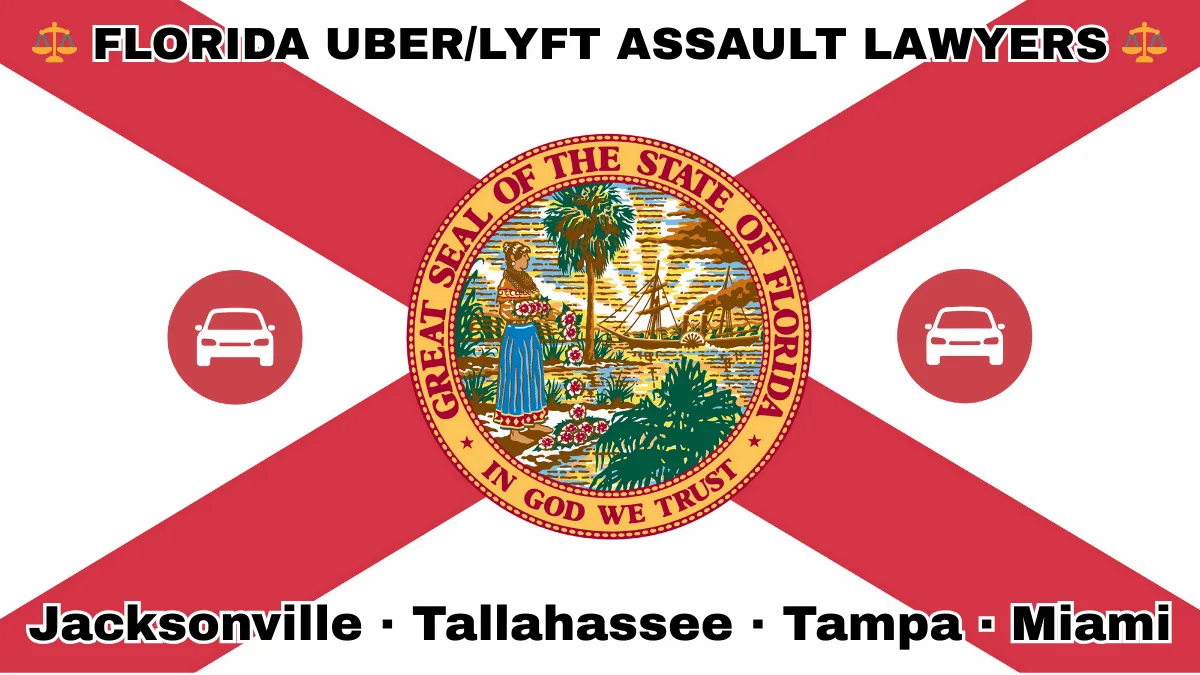 FLORIDA UBER/LYFT LAWYERS: Jacksonville, Tallahassee, Tampa, and Miami text on FL state flag with vehicle-for-hire depicted near a red cross and SEAL of a Seminole woman scattering flowers by a shoreline with a boat, palm trees, and sunlight.