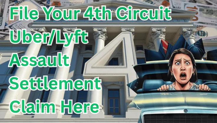 File Your 4th Circuit Uber/Lyft Assault Settlement Claim Here text on depiction of Fourth Circuit court with scared woman in a car and high value cash backdrop.
