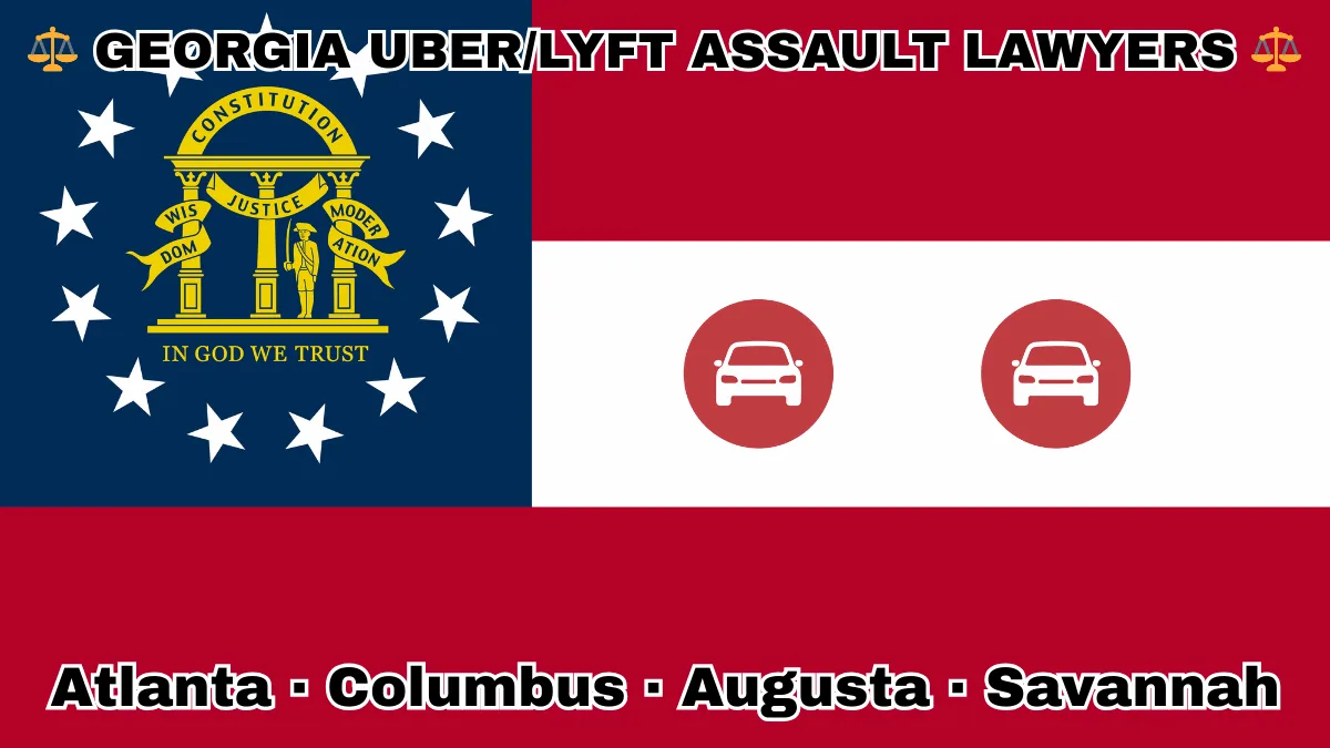 GEORGIA UBER/LYFT LAWYERS: Atlanta, Columbus, Augusta, and Savannah text on GA state flag with vehicle-for-hire depicted near a gold arch on blue canton with three pillars and 13 white stars, next to three thick red and white stripes.