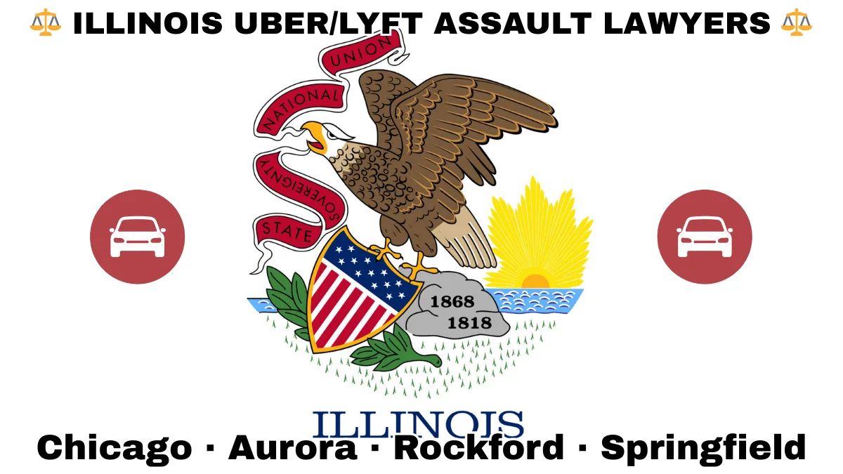 ILLINOIS UBER/LYFT LAWYERS: Chicago, Aurora, Rockford, and Springfield text on IL state flag with vehicle-for-hire depicted near a bald eagle perched on a rock and holding a shield, as the sun shines bright.