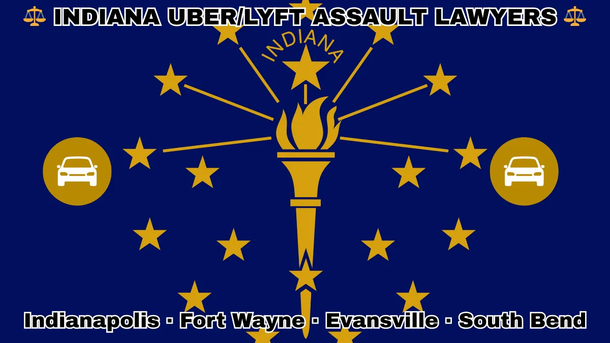 INDIANA UBER/LYFT LAWYERS: Indianapolis, Fort Wayne, Evansville, and South Bend text on IN state flag with vehicle-for-hire depicted near a gold torch and stars.