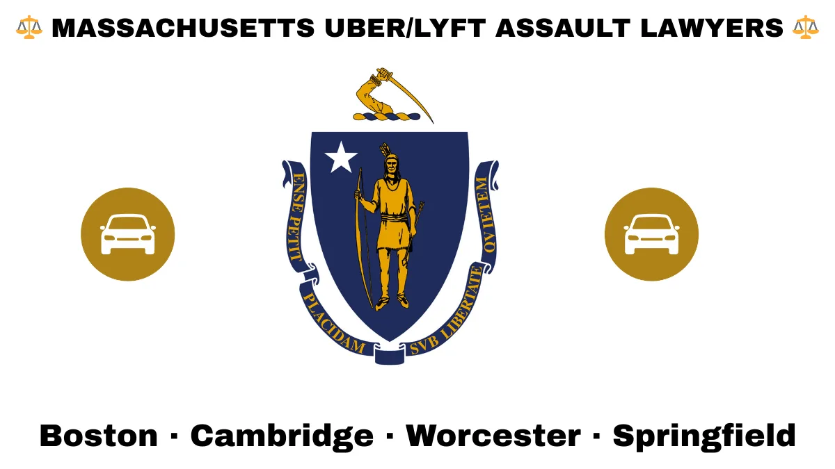 MASSACHUSETTS UBER/LYFT LAWYERS: Boston, Cambridge, Worcester, and Springfield text on MA state flag with vehicle-for-hire depicted near a shield featuring a Native American person with bow and arrow under a star and sword.