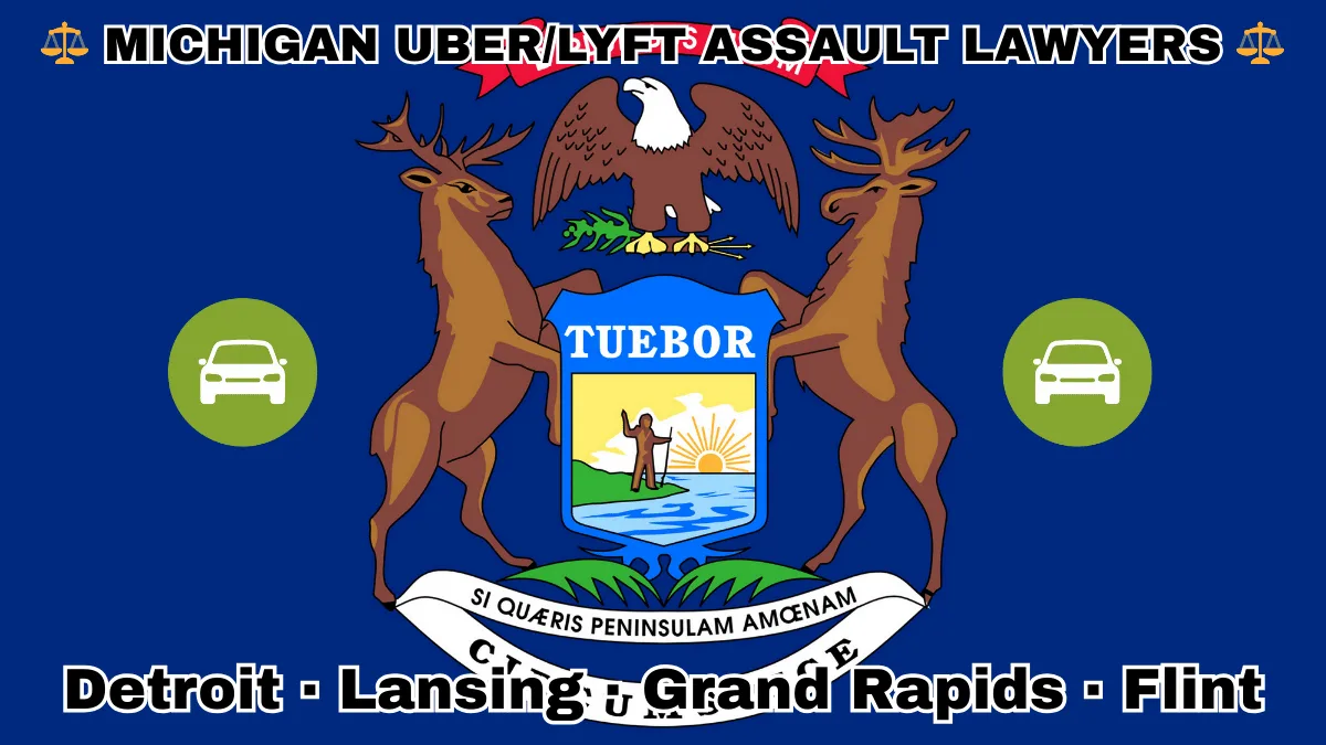 MICHIGAN UBER/LYFT LAWYERS: Detroit, Lansing, Grand Rapids, and Flint text on MI state flag with vehicle-for-hire depicted near an elk, moose and bald eagle flanking a shield featuring a man standing on a sunny lake with a raised hand and rifle.