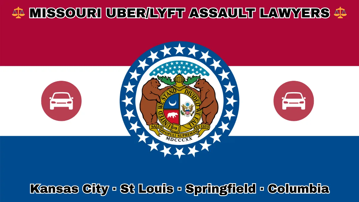 MISSOURI UBER/LYFT LAWYERS: Kansas City, St Louis, Springfield, and Columbia text on MO state flag with vehicle-for-hire depicted near a ring of stars featuring two grizzly bears, a shield, and crescent moon, all on a red, white and blue background.
