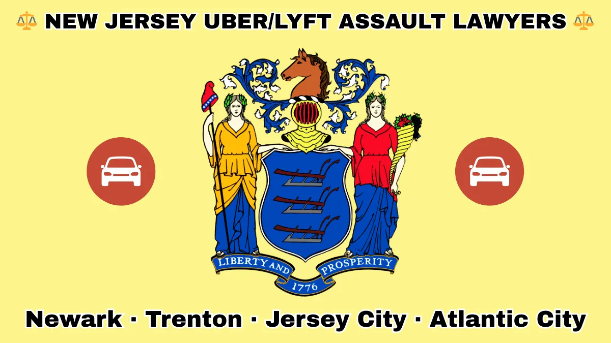 NEW JERSEY UBER/LYFT LAWYERS: Newark, Trenton, Jersey City, and Atlantic City text on NJ state flag with vehicle-for-hire depicted near a shield with three plows, the goddesses Liberty and Ceres, and a horse head.