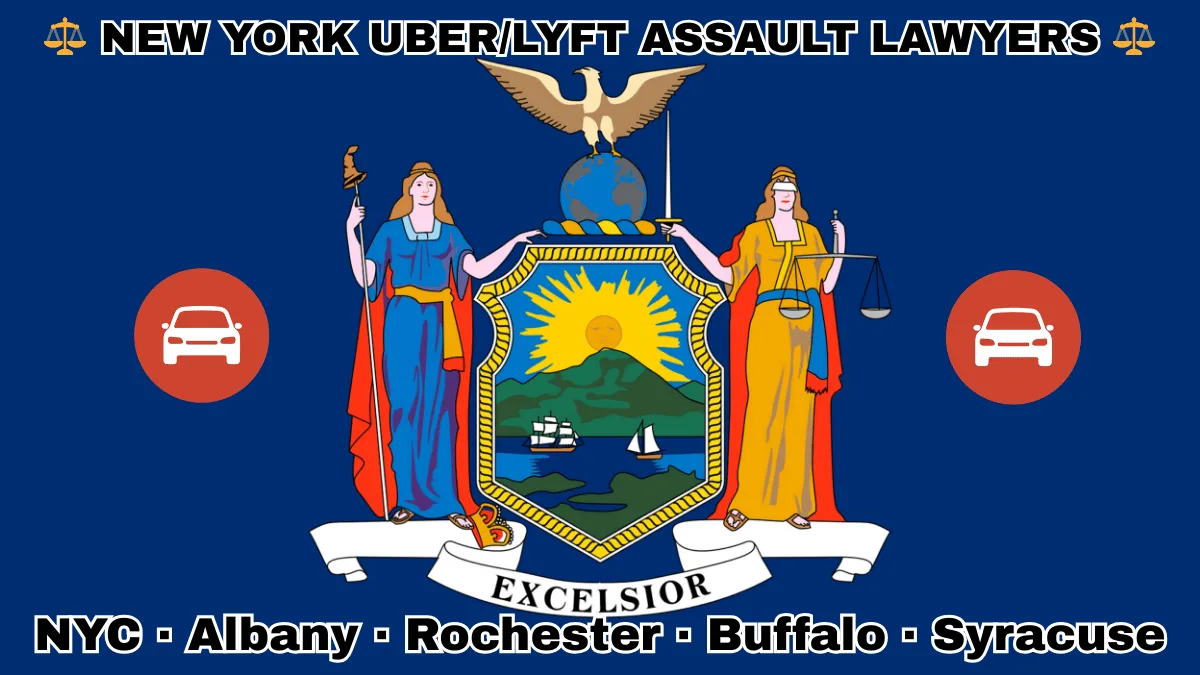 NEW YORK UBER/LYFT LAWYERS: NYC, Albany, Rochester, Buffalo, and Syracuse text on NY state flag with vehicle-for-hire depicted near Liberty and Justice holding a sword and scales, an eagle atop a globe, and a shield featuring the sun shining over the mountains onto Hudson River boaters.