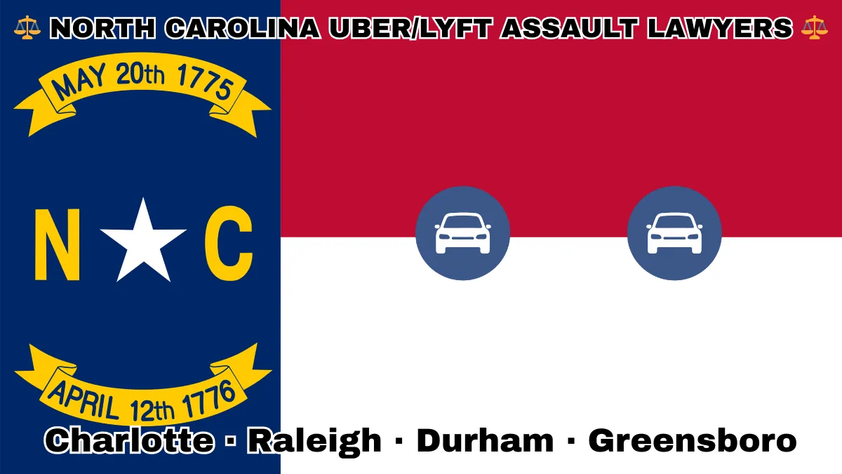 NORTH CAROLINA UBER/LYFT LAWYERS: Charlotte, Raleigh, Durham, and Greensboro text on NC state flag with vehicle-for-hire depicted near a star, all on a blue, red and white background.