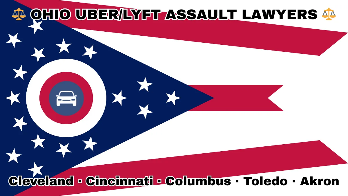 OHIO UBER/LYFT LAWYERS: Cleveland, Cincinnati, Columbus, Toledo, and Akron text on OH state flag with vehicle-for-hire depicted near a triangular swallowtail with red, white, and blue stripes and stars.