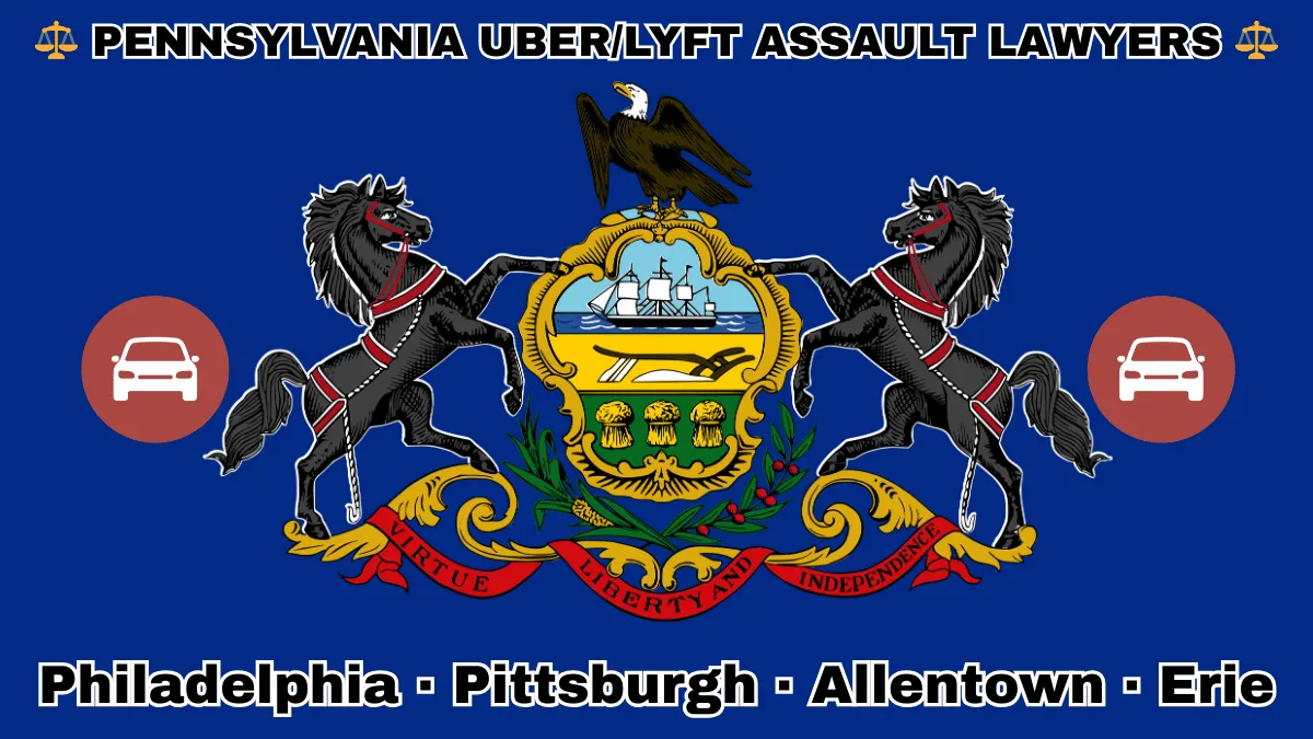 PENNSYLVANIA UBER/LYFT LAWYERS: Philadelphia, Pittsburgh, Allentown, and Erie text on PA state flag with vehicle-for-hire depicted near horses and an eagle flanking a shield featuring a ship, plow, and sheaves of wheat.