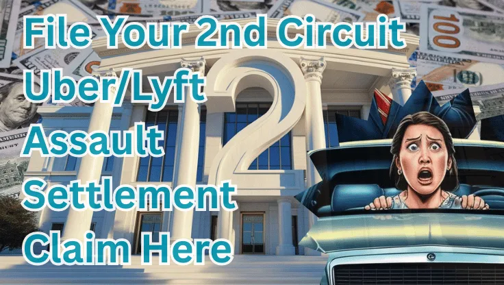 File Your 2nd Circuit Uber/Lyft Assault Settlement Claim Here text on depiction of Second Circuit court with scared woman in a car and high value cash backdrop.