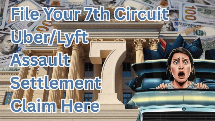File Your 7th Circuit Uber/Lyft Assault Settlement Claim Here text on depiction of Seventh Circuit court with scared woman in a car and high value cash backdrop.