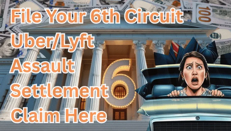 File Your 6th Circuit Uber/Lyft Assault Settlement Claim Here text on depiction of Sixth Circuit court with scared woman in a car and high value cash backdrop.