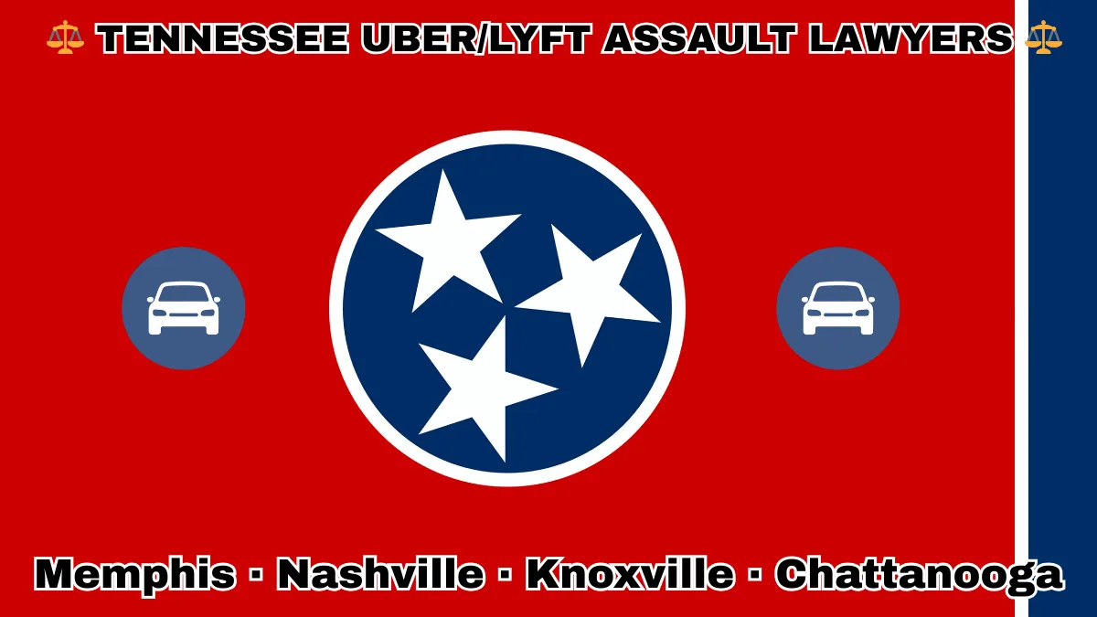 TENNESSEE UBER/LYFT LAWYERS: Memphis, Nashville, Knoxville, and Chattanooga text on TN state flag with vehicle-for-hire depicted near three white stars on a blue circle, and vertical blue stripe, all on a red background.