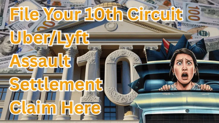 File Your 10th Circuit Uber/Lyft Assault Settlement Claim Here text on depiction of Tenth Circuit court with scared woman in a car and high value cash backdrop.