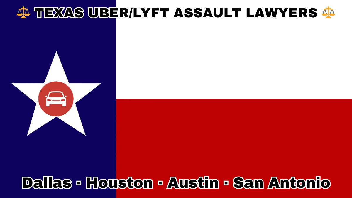 TEXAS UBER/LYFT LAWYERS: Dallas, Houston, Austin, and San Antonio text on TX state flag with vehicle-for-hire depicted on a Lone Star near blue, red and white color blocks.