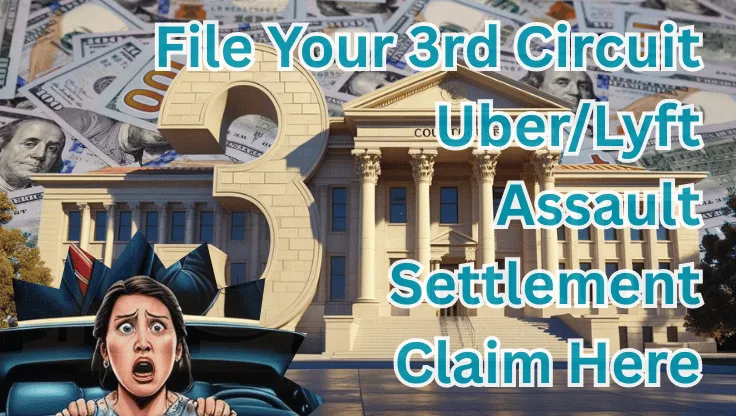 File Your 3rd Circuit Uber/Lyft Assault Settlement Claim Here text on depiction of Third Circuit court with scared woman in a car and high value cash backdrop.