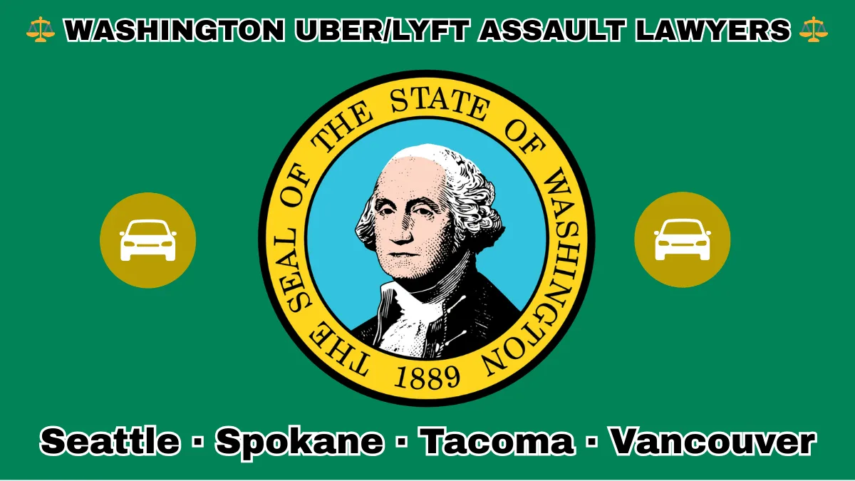WASHINGTON UBER/LYFT LAWYERS: Seattle, Spokane, Tacoma, and Vancouver text on WA state flag with vehicle-for-hire depicted near SEAL featuring George Washington, all on a green background.