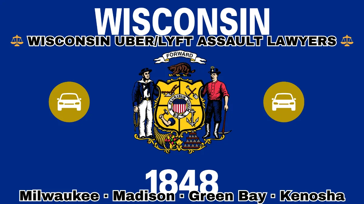 WISCONSIN UBER/LYFT LAWYERS: Milwaukee, Madison, Green Bay, and Kenosha text on WI state flag with vehicle-for-hire depicted near a sailor and miner flanking a shield featuring agriculture, mining, manufacturing, and navigation, a badger above, and a cornucopia and lead ingot.